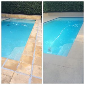 Before and After LUXAPOOL Poolside and Paving in Brown Stone colour painted over Concrete Tiles on sides of pool