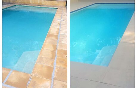 Before and after LUXAPOOL poolside & paving inn brown stone colour painted over concrete tiles on sides of pool 