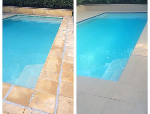 Before and After LUXAPOOL® Poolside and Paving in Winter Brown colour painted over Concrete Tiles on sides of pool.