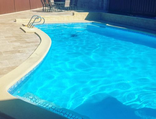 Domestic pool resurfaced with LUXAPOOL® Pacific Blue and pool coping painted with Merino Poolside & Paving by Hills Pool Painting and Renovation