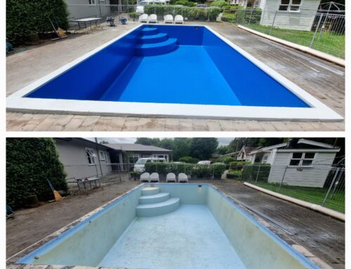 BEFORE & AFTER – Fibreglass swimming pool resurfaced with LUXAPOOL® Epoxy pool paint in Devonport colour by Morris Coatings NZ